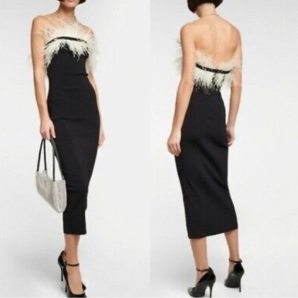 Staud Dress Nellie Midi Feather Trim in Black Ivory - Picture 2 of 4